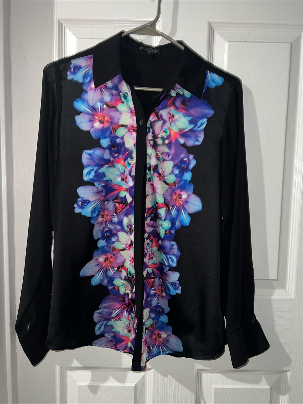 Express Black Button-Down Blouse with Blue & Purple Floral Panel